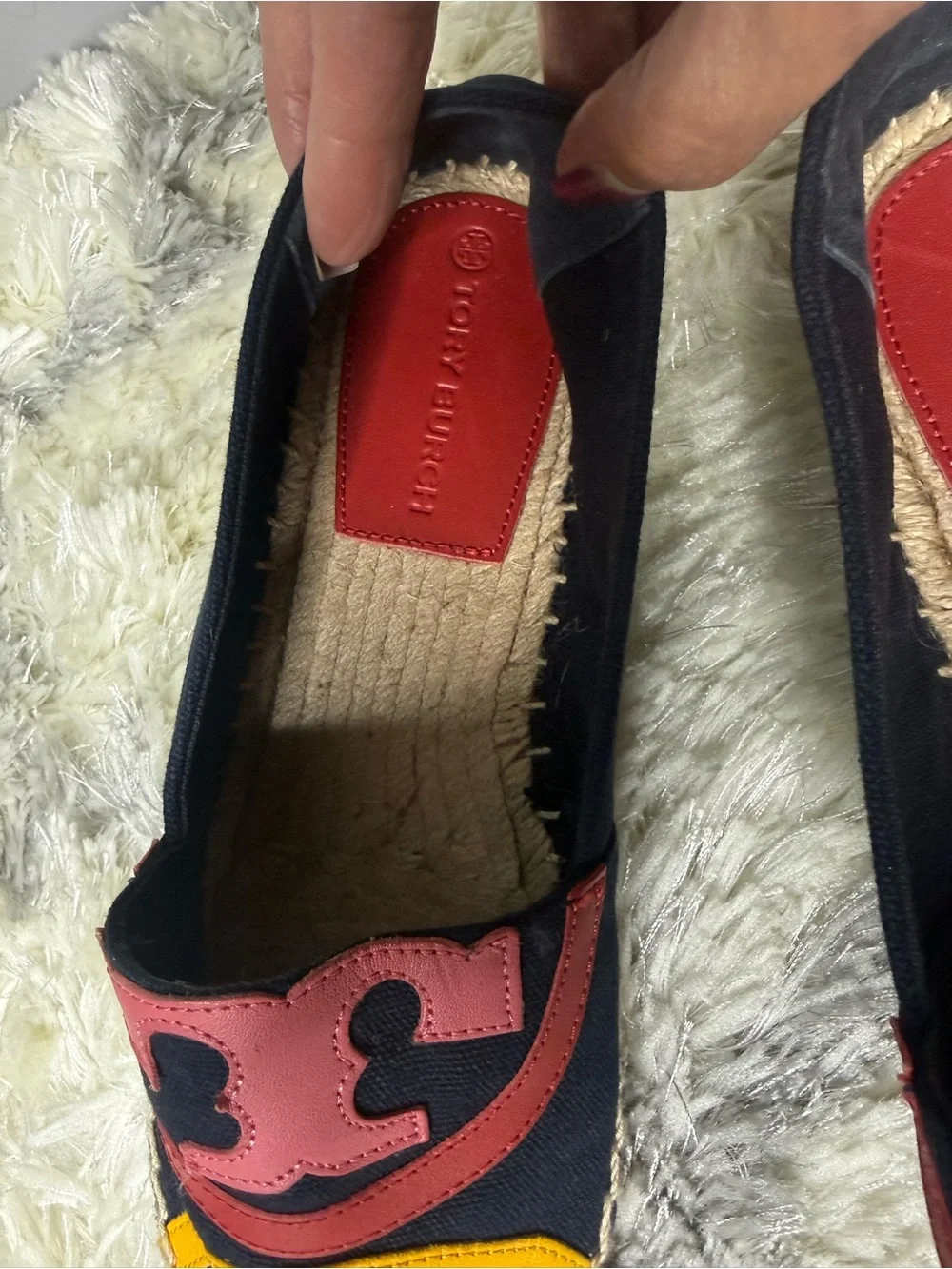 Tory Burch Black Canvas Espadrilles with Red, Pink & Yellow Leather Accents